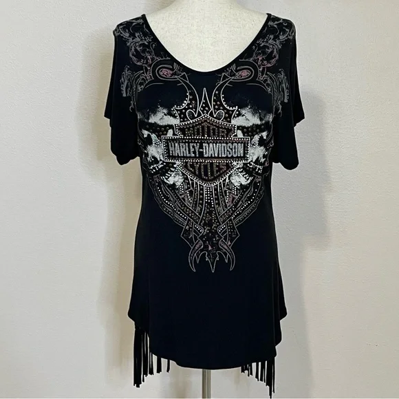 Harley Davidson T-Shirt Fringed Bedazzled Soft Short Sleeve Size XL - Picture 1 of 13